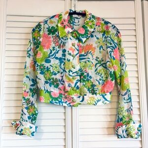 Vintage 70s Retro Floral Button Down Crop Top Blouse Green Pink White